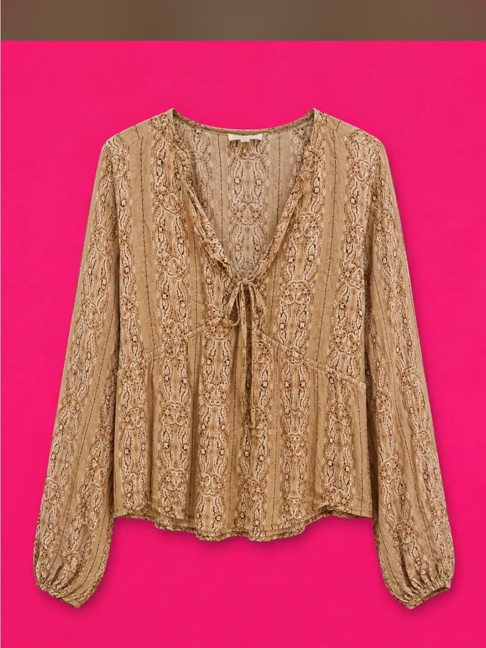 Promesa Tie-Front Long Sleeve Peasant Blouse in Camel